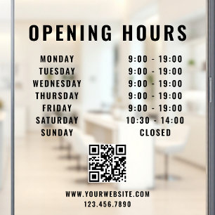 Minimalist QR Code Business Opening Hours Black Window Cling