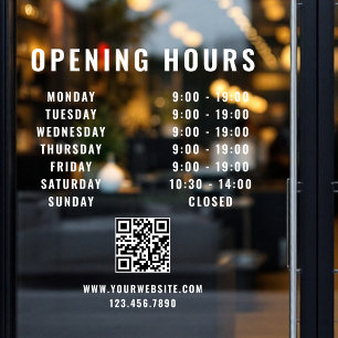 Minimalist QR Code Business Opening Hours White Window Cling