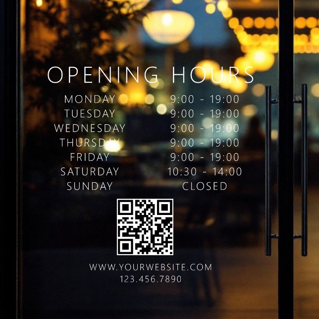 Minimalist QR Code Business Opening Hours White Window Cling (Creator Uploaded)