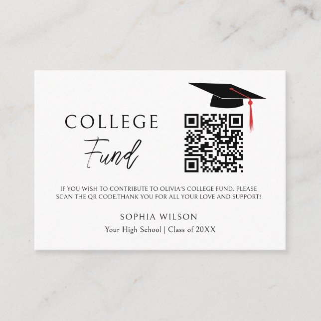 Minimalist QR Code College Fund Graduation Enclosure Card (Front)