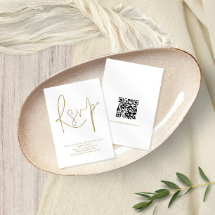 Minimalist QR Code Gold Script Wedding RSVP Card
