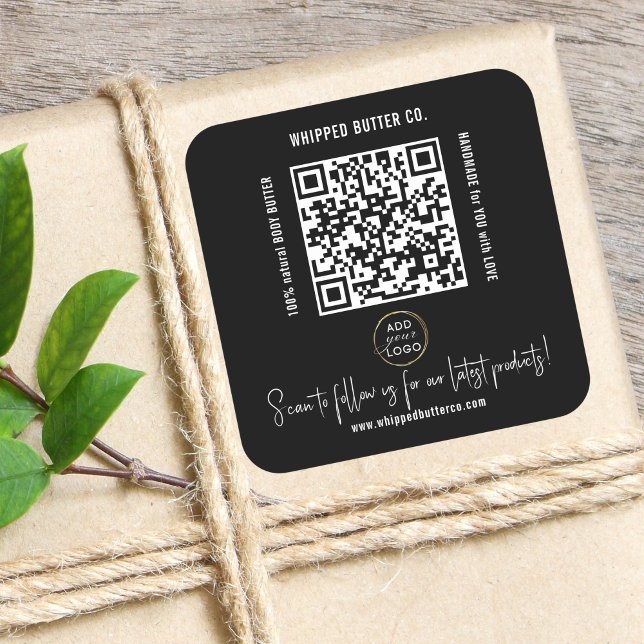 Minimalist QR Code + LOGO Black Follow Us! Square Sticker (Minimalist QR Code + LOGO Black Follow Us! Square Sticker. Promotional marketing labels)