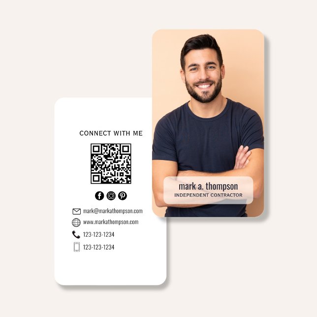 Minimalist QR Code Photo Connect Modern White Business Card (Minimalist white QR code business card with photo and clean modern black typography)