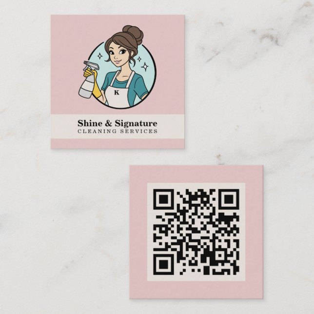 Minimalist QR Code Pink Maid Cleaning Services Square Business Card (Front/Back)