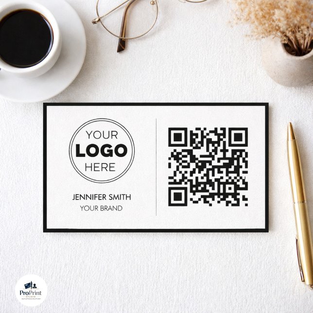 Minimalist QR Code Professional Design Business Card (Modern business card on texture with logo, QR code, coffee, glasses, and gold pen.)