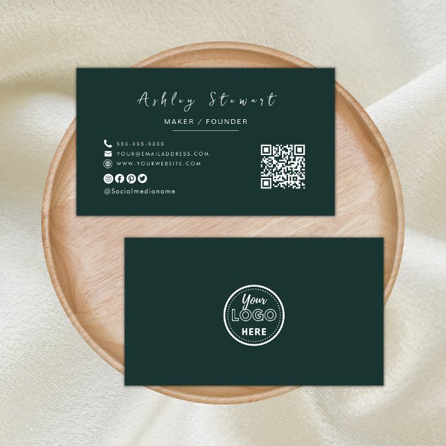 Minimalist Qr Code Professional Logo Dark Green Business Card (Creator Uploaded)