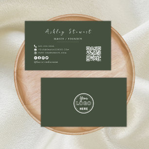 Minimalist Qr Code Professional Logo Forest Green Business Card