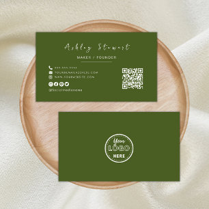Minimalist Qr Code Professional Logo Moss Green Business Card