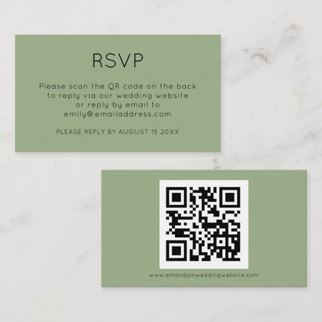 Minimalist QR Code Sage Green Wedding RSVP Enclosure Card (Front/Back)