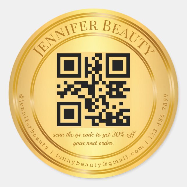 minimalist qr code small business beauty golden classic round sticker (Front)