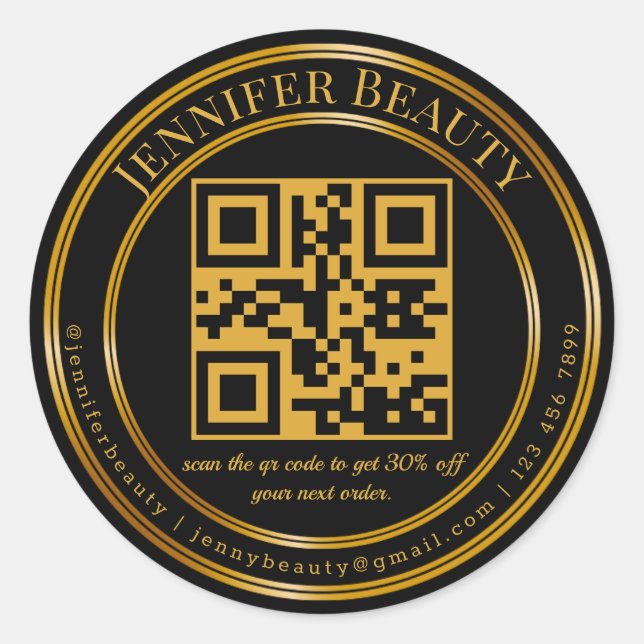 minimalist qr code small business gold black classic round sticker (Front)