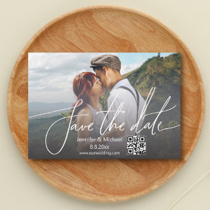 minimalist qr code white handwriting couple photo save the date