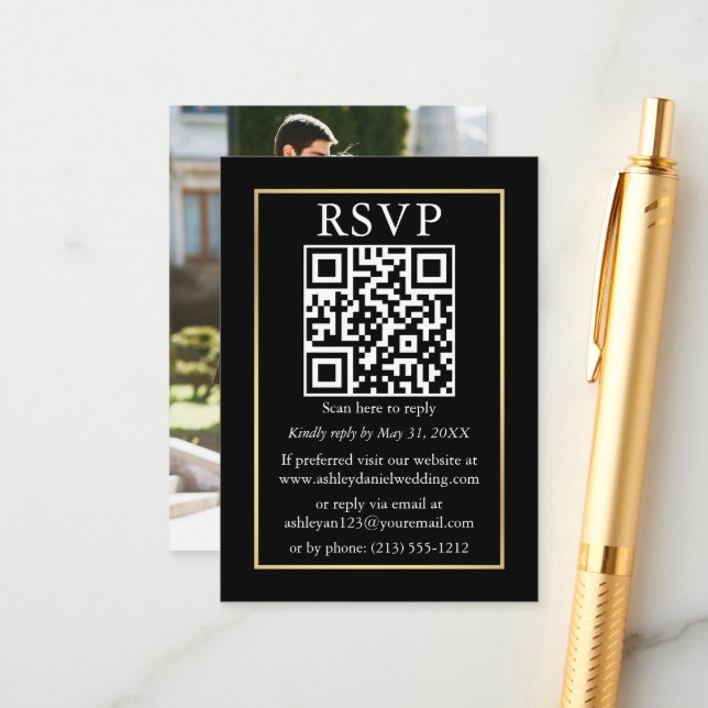 Minimalist QR Photo Wedding Gold Black RSVP Enclosure Card (Front/Back In Situ)