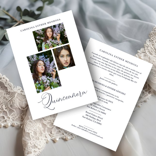Minimalist Quinceañera Spanish 3 Photos Collage (Minimalist Quinceañera Spanish 3 Photos Collage Invitation.)
