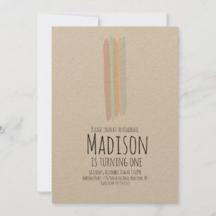 Minimalist Rainbow Stroke First Birthday Rustic Invitation