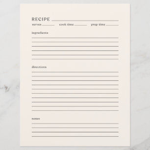 Minimalist Recipe Page Letter Size Modern Cream