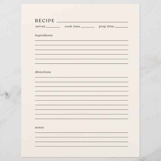 Minimalist Recipe Page Letter Size Modern Ivory (Front)