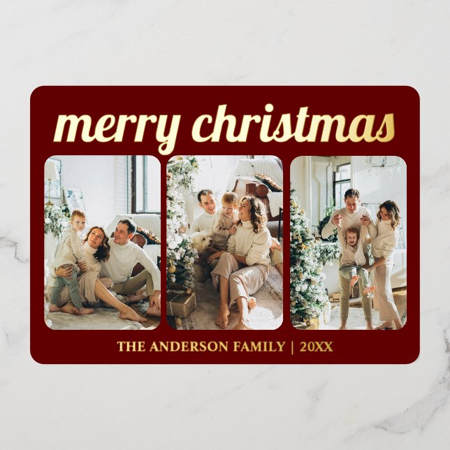 Minimalist Red 3 Photo Merry Christmas Script Foil Holiday Card (Front)