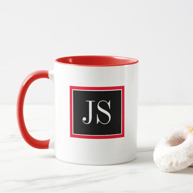 Minimalist Red and Black Large Initials Christmas Mug (With Donut)