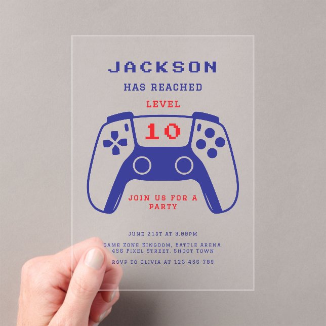 Minimalist Red and Blue Gamer Boys Birthday Party Acrylic Invitations (Insitu (Handheld))