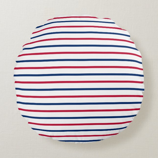 Minimalist Red and Blue Stripes Modern Pattern Round Cushion (Front)