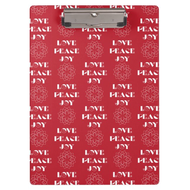Minimalist Red and White Love, Peace, Joy Clipboard (Front)