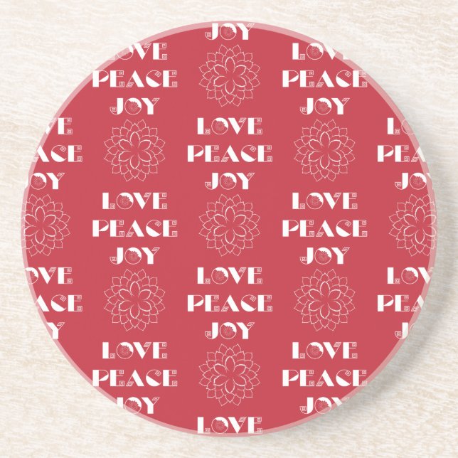 Minimalist Red and White Love, Peace, Joy Coaster (Front)