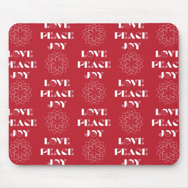 Minimalist Red and White Love, Peace, Joy Mouse Mat (Front)