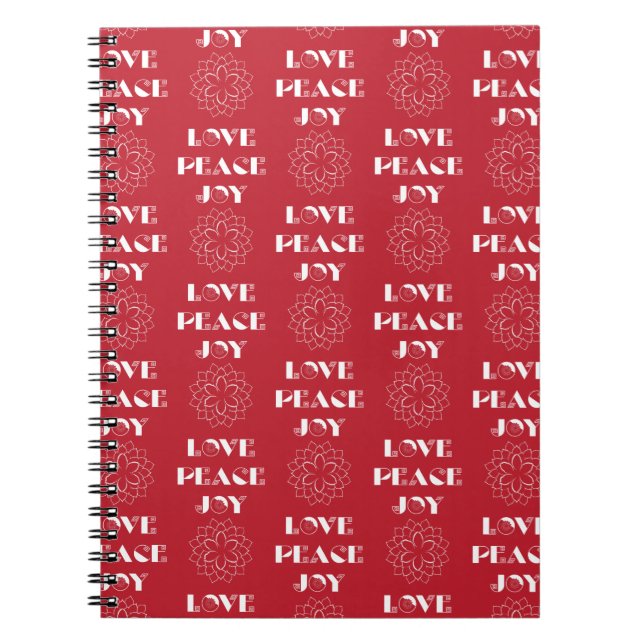 Minimalist Red and White Love, Peace, Joy Notebook (Front)
