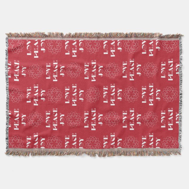 Minimalist Red and White Love, Peace, Joy Throw Blanket (Front)