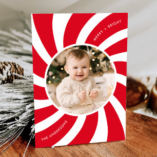 Minimalist Red and White Peppermint Swirl Photo Holiday Card