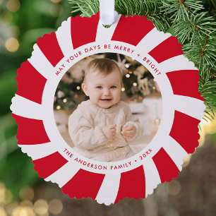 Minimalist Red and White Peppermint Swirl Photo Tree Decoration Card
