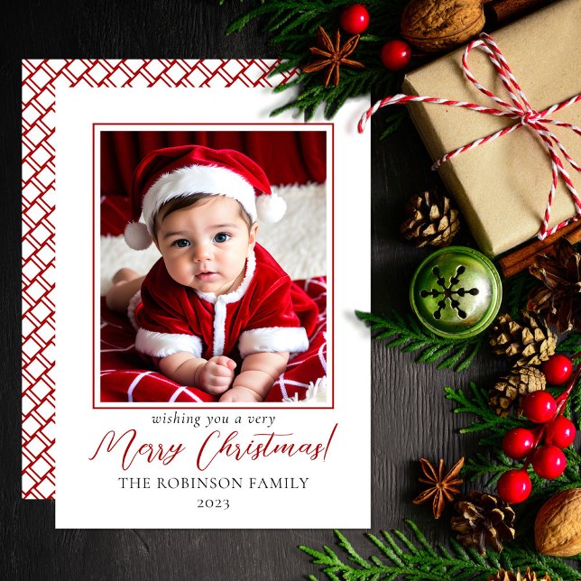 Minimalist Red and White Photo Merry Christmas Holiday Card (Wish your friends and family "Merry Christmas" in style with this minimalist red and white design.)