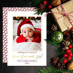 Minimalist Red and White Photo Peace Love and Joy Foil Holiday Card