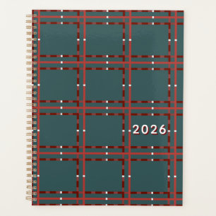 Minimalist Red And White Plaid On Dark Green Planner