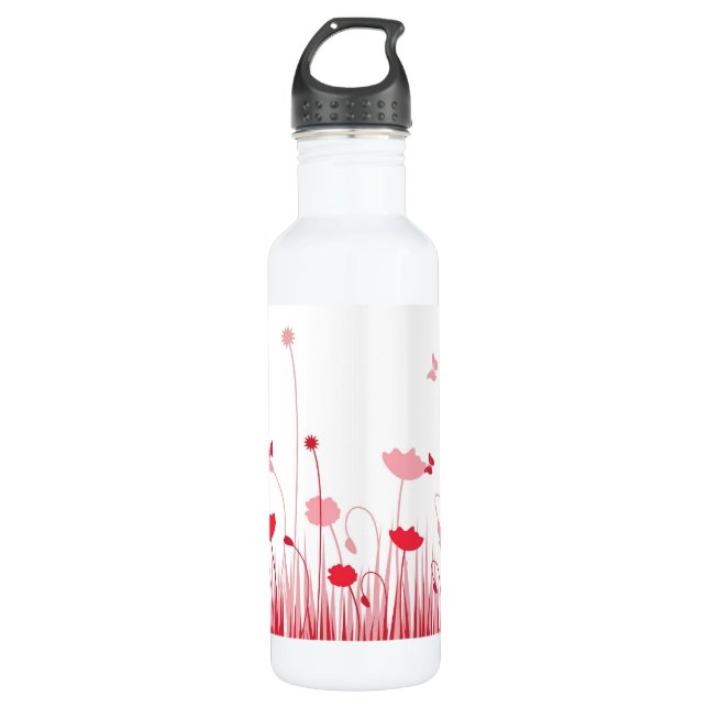 Minimalist Red and White Poppies Meadow Floral 710 Ml Water Bottle (Front)