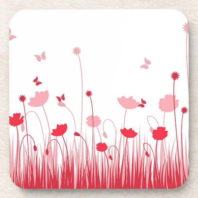 Minimalist Red and White Poppies Meadow Floral Coaster (Front)
