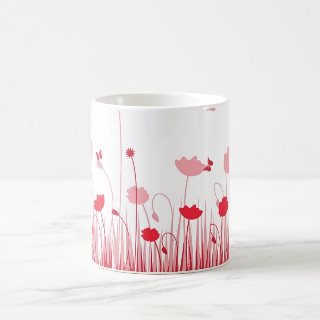 Minimalist Red and White Poppies Meadow Floral Coffee Mug (Center)