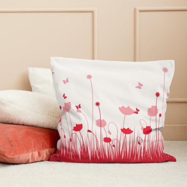 Minimalist Red and White Poppies Meadow Floral Cushion (Creator Uploaded)
