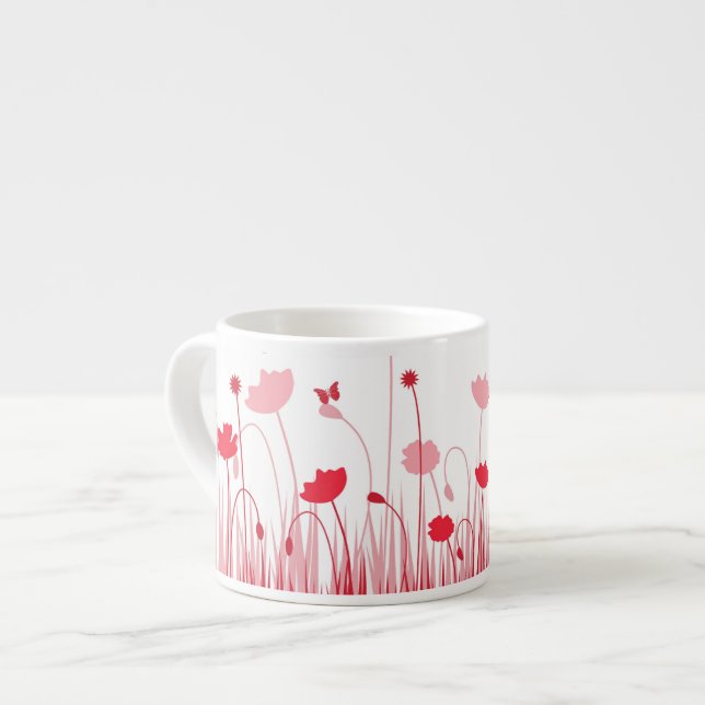 Minimalist Red and White Poppies Meadow Floral Espresso Cup (Front Left)
