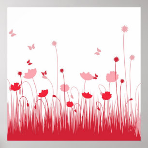 Minimalist Red and White Poppies Meadow Floral Poster