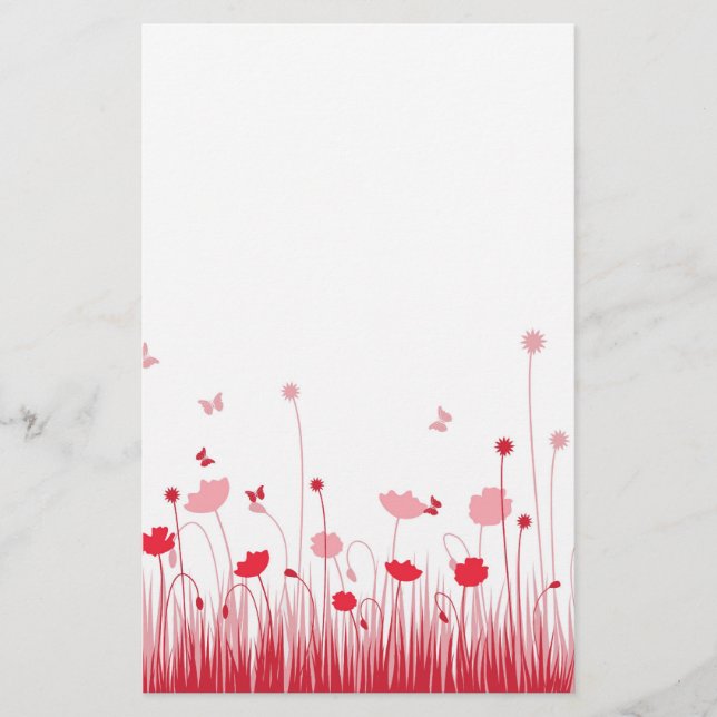 Minimalist Red and White Poppies Meadow Floral Stationery (Front)