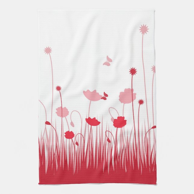 Minimalist Red and White Poppies Meadow Floral Tea Towel (Vertical)