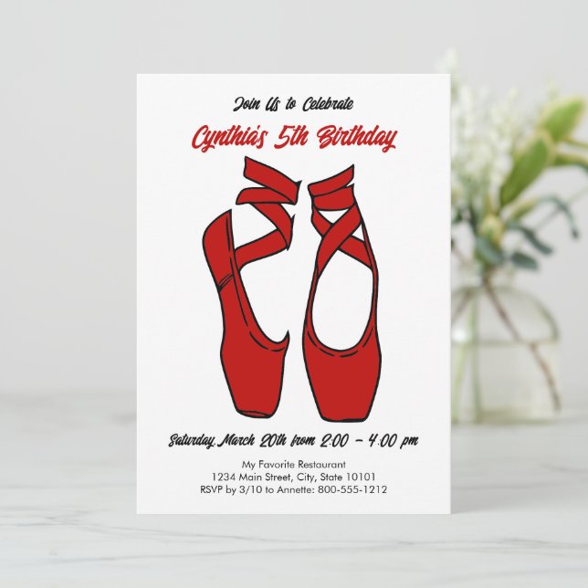 Minimalist Red Ballet Pointe Shoes Birthday Party Invitation (Standing Front)