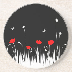 Minimalist Red Black and White Poppies Meadow Bold Coaster