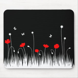 Minimalist Red Black and White Poppies Meadow Bold Mouse Mat
