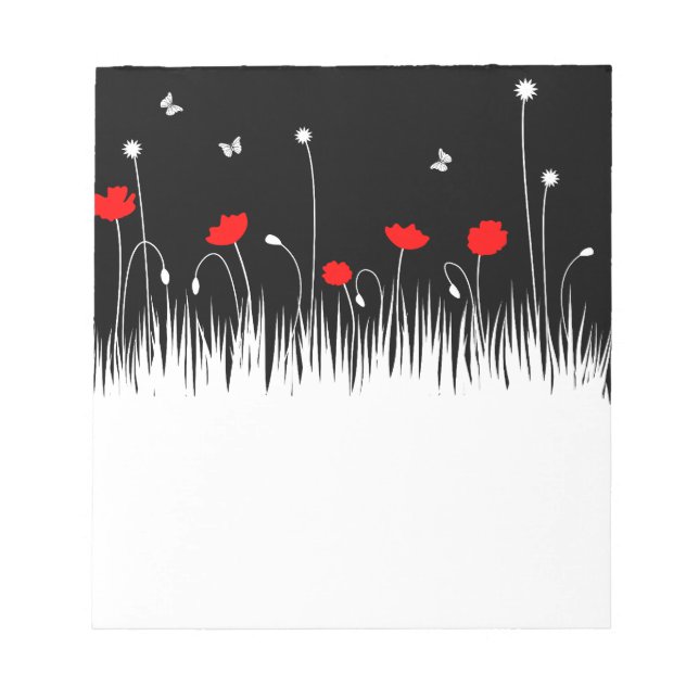 Minimalist Red Black and White Poppies Meadow Bold Notepad (Front)