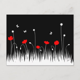 Minimalist Red Black and White Poppies Meadow Bold Postcard