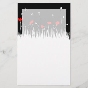 Minimalist Red Black and White Poppies Meadow Bold Stationery