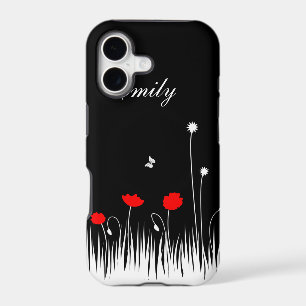 Minimalist Red Black and White Poppies Meadow Name